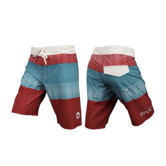 RVCA Board Shorts Mens 34 White/Red Blue Striped Drawstring Flat Front‎ - Picture 1 of 4